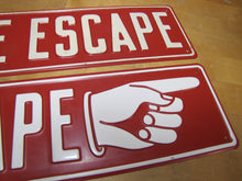 Load image into Gallery viewer, FIRE ESCAPE HAND POINTING FINGER 2 Old Embossed Steel Safety Advertising Signs Left & Right