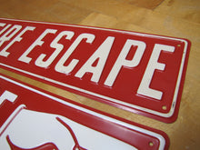 Load image into Gallery viewer, FIRE ESCAPE HAND POINTING FINGER 2 Old Embossed Steel Safety Advertising Signs Left & Right