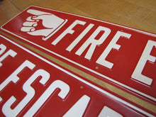 Load image into Gallery viewer, FIRE ESCAPE HAND POINTING FINGER 2 Old Embossed Steel Safety Advertising Signs Left & Right