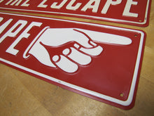 Load image into Gallery viewer, FIRE ESCAPE HAND POINTING FINGER 2 Old Embossed Steel Safety Advertising Signs Left & Right
