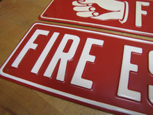 Load image into Gallery viewer, FIRE ESCAPE HAND POINTING FINGER 2 Old Embossed Steel Safety Advertising Signs Left & Right