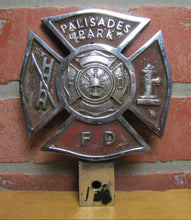 Load image into Gallery viewer, PALISADES PARK F D FIRE DEPARTMENT Plate Topper Badge Sign Embossed Metal Ornate