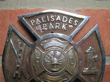 Load image into Gallery viewer, PALISADES PARK F D FIRE DEPARTMENT Plate Topper Badge Sign Embossed Metal Ornate