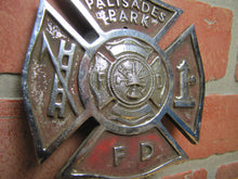 Load image into Gallery viewer, PALISADES PARK F D FIRE DEPARTMENT Plate Topper Badge Sign Embossed Metal Ornate