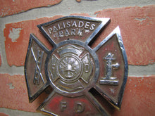Load image into Gallery viewer, PALISADES PARK F D FIRE DEPARTMENT Plate Topper Badge Sign Embossed Metal Ornate