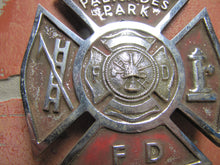 Load image into Gallery viewer, PALISADES PARK F D FIRE DEPARTMENT Plate Topper Badge Sign Embossed Metal Ornate