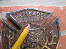 Load image into Gallery viewer, PALISADES PARK F D FIRE DEPARTMENT Plate Topper Badge Sign Embossed Metal Ornate