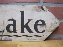 Load image into Gallery viewer, PALATINE LAKE Original Old Wooden Pointing Right Arrow Sign W. D. WALKER