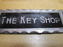 Load image into Gallery viewer, THE KEY SHOP Antique Reverse on Chip Scalloped Glass Advertising Sign ROG
