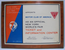 Load image into Gallery viewer, 1964 1965 NEW YORK WORLDS FAIR MOTOR CLUB OF AMERICA TICKET & INFO CENTER Sign