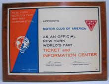 Load image into Gallery viewer, 1964 1965 NEW YORK WORLDS FAIR MOTOR CLUB OF AMERICA TICKET & INFO CENTER Sign