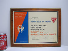 Load image into Gallery viewer, 1964 1965 NEW YORK WORLDS FAIR MOTOR CLUB OF AMERICA TICKET & INFO CENTER Sign