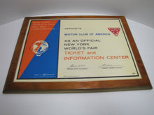 Load image into Gallery viewer, 1964 1965 NEW YORK WORLDS FAIR MOTOR CLUB OF AMERICA TICKET & INFO CENTER Sign