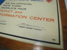 Load image into Gallery viewer, 1964 1965 NEW YORK WORLDS FAIR MOTOR CLUB OF AMERICA TICKET & INFO CENTER Sign