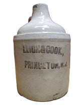 Load image into Gallery viewer, LEIGH & COOK PRINCETON NJ Old Stoneware Advertising Jug Grocery Store Sign Ad