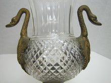 Load image into Gallery viewer, Antique Decorative Arts Vase Swan Handles Bronze Brass Crystal Glass Ornate