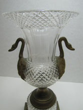 Load image into Gallery viewer, Antique Decorative Arts Vase Swan Handles Bronze Brass Crystal Glass Ornate