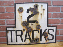 Load image into Gallery viewer, 2 TRACKS Original Old Train Station Railroad Porcelain Sign RR Black & White