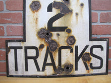 Load image into Gallery viewer, 2 TRACKS Original Old Train Station Railroad Porcelain Sign RR Black & White