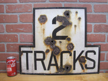 Load image into Gallery viewer, 2 TRACKS Original Old Train Station Railroad Porcelain Sign RR Black & White