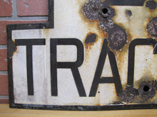 Load image into Gallery viewer, 2 TRACKS Original Old Train Station Railroad Porcelain Sign RR Black & White