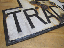 Load image into Gallery viewer, 2 TRACKS Original Old Train Station Railroad Porcelain Sign RR Black & White