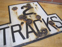 Load image into Gallery viewer, 2 TRACKS Original Old Train Station Railroad Porcelain Sign RR Black & White