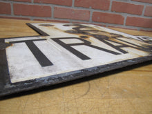 Load image into Gallery viewer, 2 TRACKS Original Old Train Station Railroad Porcelain Sign RR Black & White