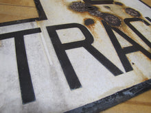 Load image into Gallery viewer, 2 TRACKS Original Old Train Station Railroad Porcelain Sign RR Black & White