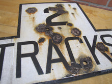 Load image into Gallery viewer, 2 TRACKS Original Old Train Station Railroad Porcelain Sign RR Black & White
