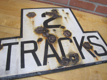 Load image into Gallery viewer, 2 TRACKS Original Old Train Station Railroad Porcelain Sign RR Black & White