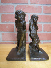 Load image into Gallery viewer, CUPID CHERUB GIRL FLOWERS c1912 Bookends GRIFFOUL FOUNDRY NEWARK M PEINLICH SCP