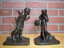 Load image into Gallery viewer, CUPID CHERUB GIRL FLOWERS c1912 Bookends GRIFFOUL FOUNDRY NEWARK M PEINLICH SCP