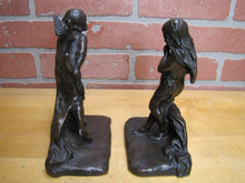 Load image into Gallery viewer, CUPID CHERUB GIRL FLOWERS c1912 Bookends GRIFFOUL FOUNDRY NEWARK M PEINLICH SCP