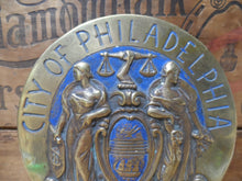 Load image into Gallery viewer, CITY OF PHILADELPHIA Maneto Old Brass Plaque Sign Let Brotherly Love Continue