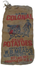 Load image into Gallery viewer, COLONIAL POTATOES ELIZABETH CITY NC Old Advertising Burlap Sack Bag CANNON BALLS