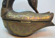 Load image into Gallery viewer, Folk Art Wood Hand Carved Decorated Swan Trinket Box Wood Copper Brass Unique