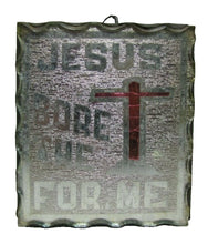 Load image into Gallery viewer, JESUS BORE THE CROSS FOR ME Old Folk Art Chip Glass Tin Back Religious Crucifix Sign Plaque Artwork