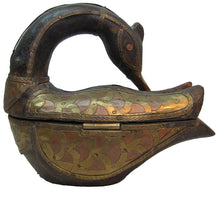 Load image into Gallery viewer, Folk Art Wood Hand Carved Decorated Swan Trinket Box Wood Copper Brass Unique