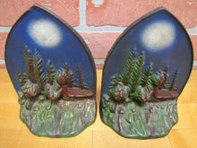Load image into Gallery viewer, CABIN IN MOONLIGHT Old Cast Iron Pair Bookends Landscape Forest Scene Detailed