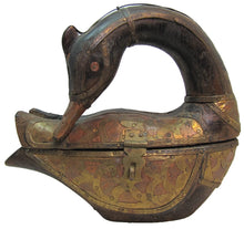 Load image into Gallery viewer, Folk Art Wood Hand Carved Decorated Swan Trinket Box Wood Copper Brass Unique