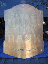 Load image into Gallery viewer, CENTRAL SAVINGS BANK Antique Sign Large Brass Bowed Badge Wood Back LEVY Co NY