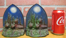 Load image into Gallery viewer, CABIN IN MOONLIGHT Old Cast Iron Pair Bookends Landscape Forest Scene Detailed