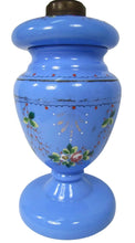 Load image into Gallery viewer, Antique Blue Glass Lamp Hand Painted Flowers Removable Insert Periwinkle Milk