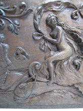 Load image into Gallery viewer, Nude Maiden Dauphin Koi Fish Man Cherub Antique Wooden Carved Art Nouveau Plaque