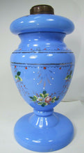 Load image into Gallery viewer, Antique Blue Glass Lamp Hand Painted Flowers Removable Insert Periwinkle Milk