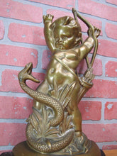 Load image into Gallery viewer, 19c PUTTI CHERUB FIGHTING SERPENT SNAKE Bronze Decorative Arts Doorstop Statue