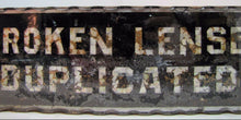 Load image into Gallery viewer, BROKEN LENSES DUPLICATED Antique Chip Scalloped Glass Mirror Sign Tin Optician