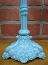 Load image into Gallery viewer, SERPENT SNAKE KOI DRAGON FISH Antique Pair Blue Milkglass Candlesticks Ornate