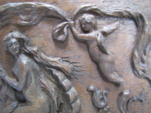 Load image into Gallery viewer, Nude Maiden Dauphin Koi Fish Man Cherub Antique Wooden Carved Art Nouveau Plaque